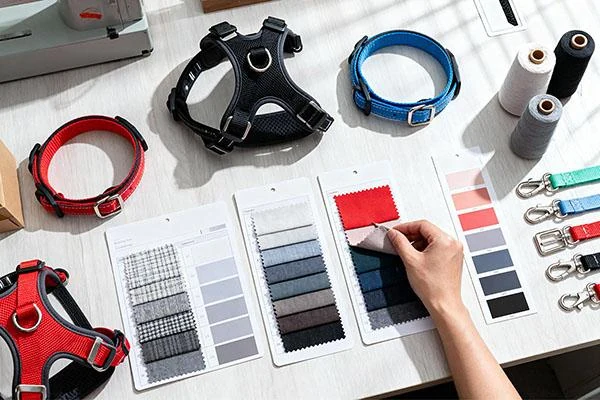 Harnesses, collars and material swatches prepared for development